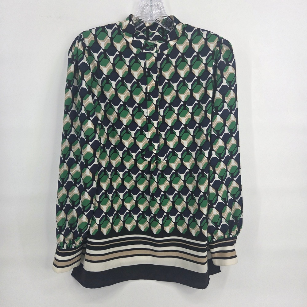 Anne Klein Blouse Small Green Geometric Art-inspired Boho Mod Mock Neck Top